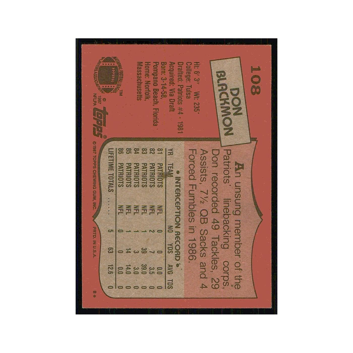 1987 Topps Don Blackmon RC Patriots #108