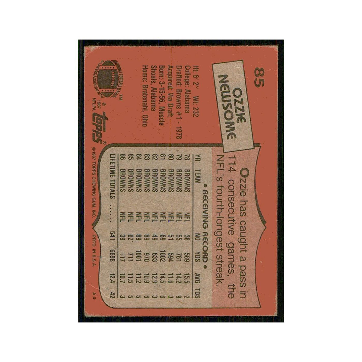 1987 Topps Ozzie Newsome Browns #85