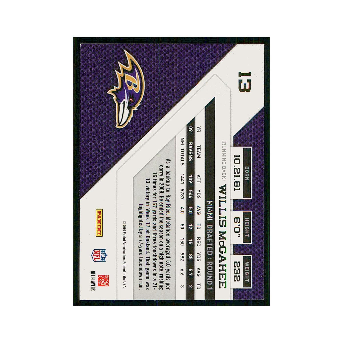 2010 Panini Threads Willis McGahee Ravens #13