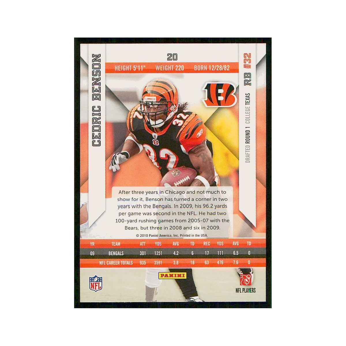 2010 Panini Epix Cedric Benson Bengals #20