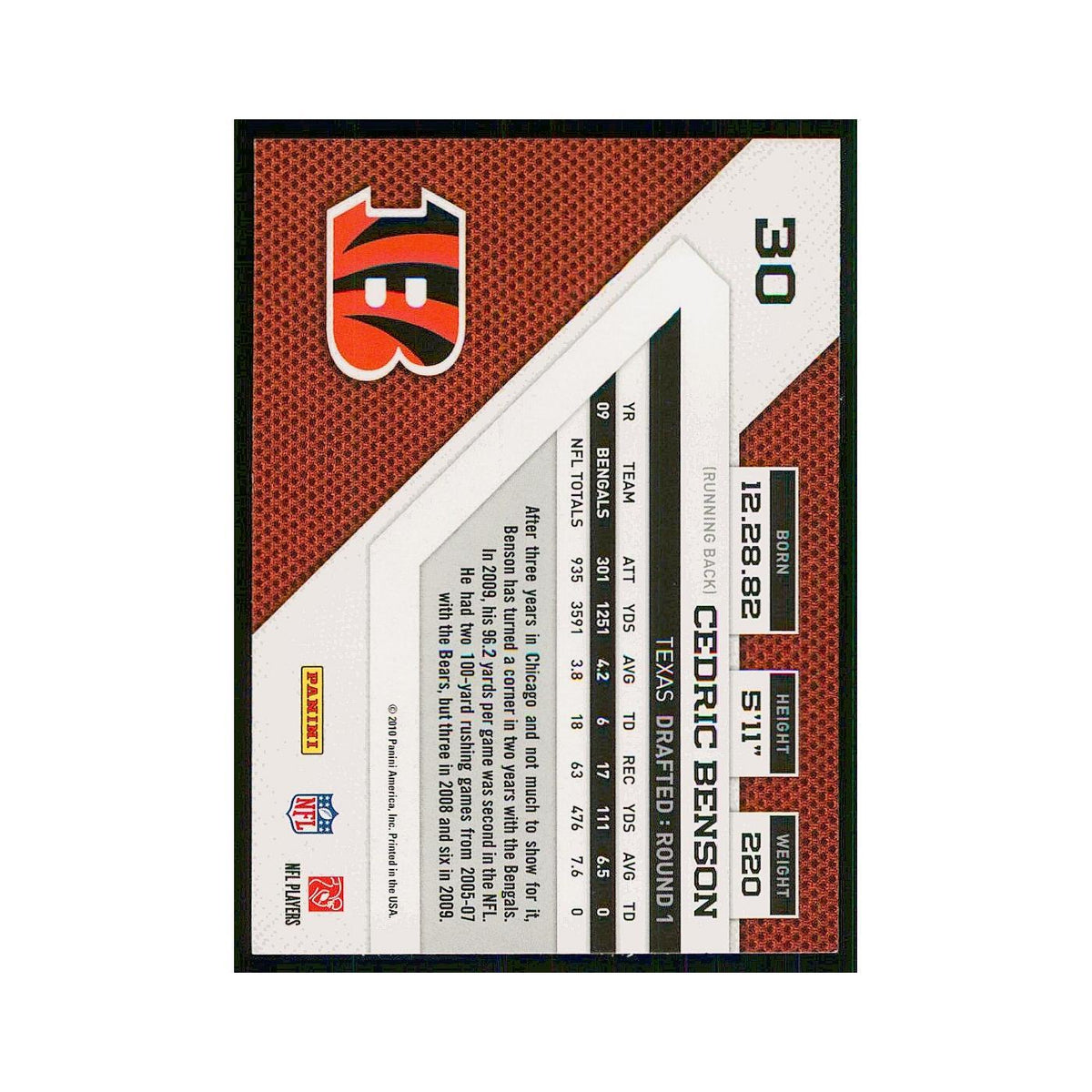 2010 Panini Threads Cedric Benson Bengals #30