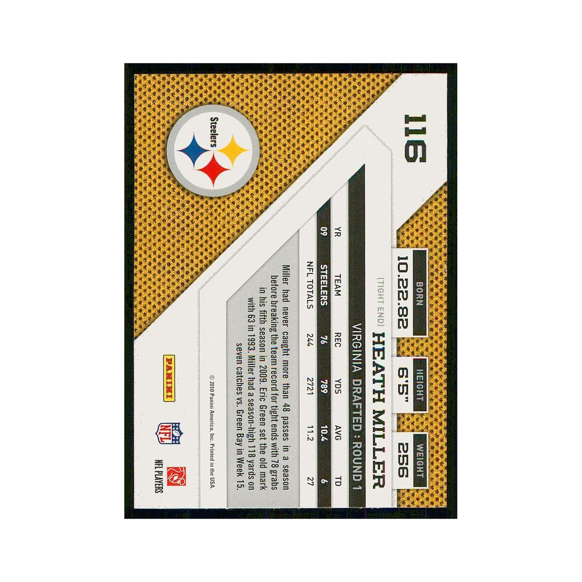 2010 Panini Threads Heath Miller Steelers #116