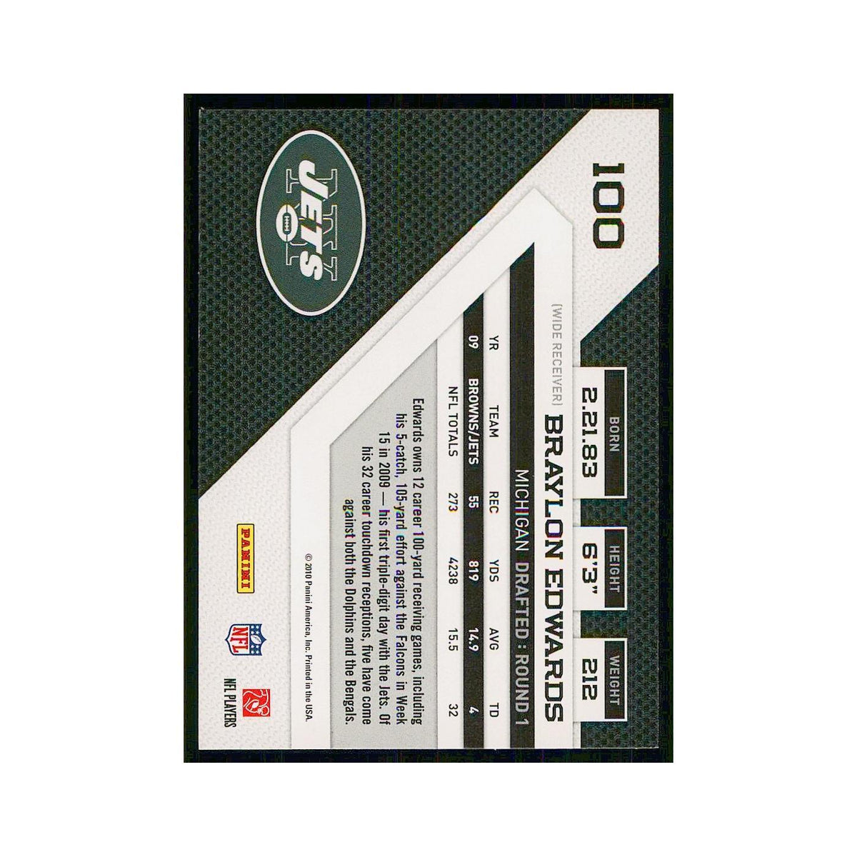 2010 Panini Threads Braylon Edwards Jets #100