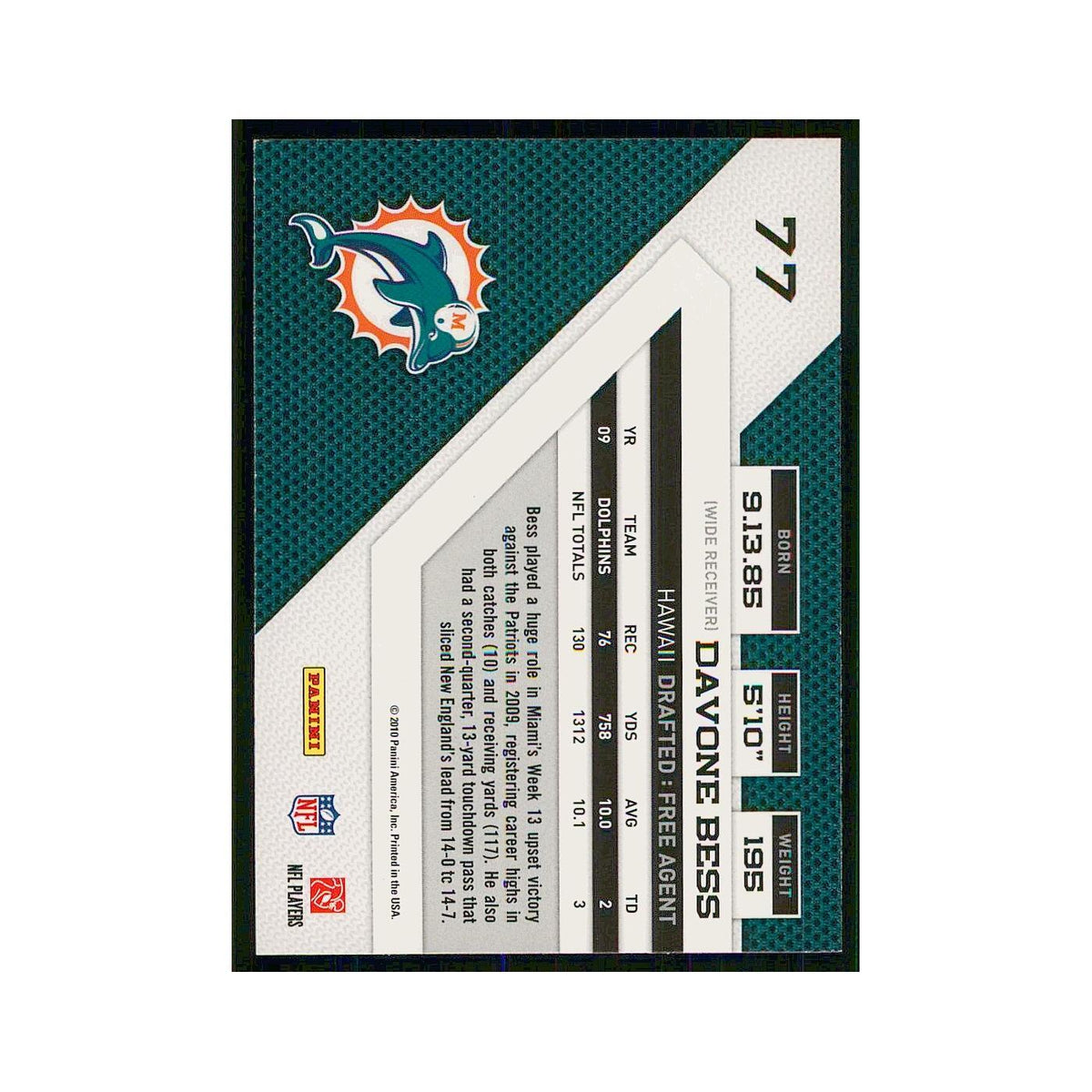 2010 Panini Threads Davone Bess Dolphins #77