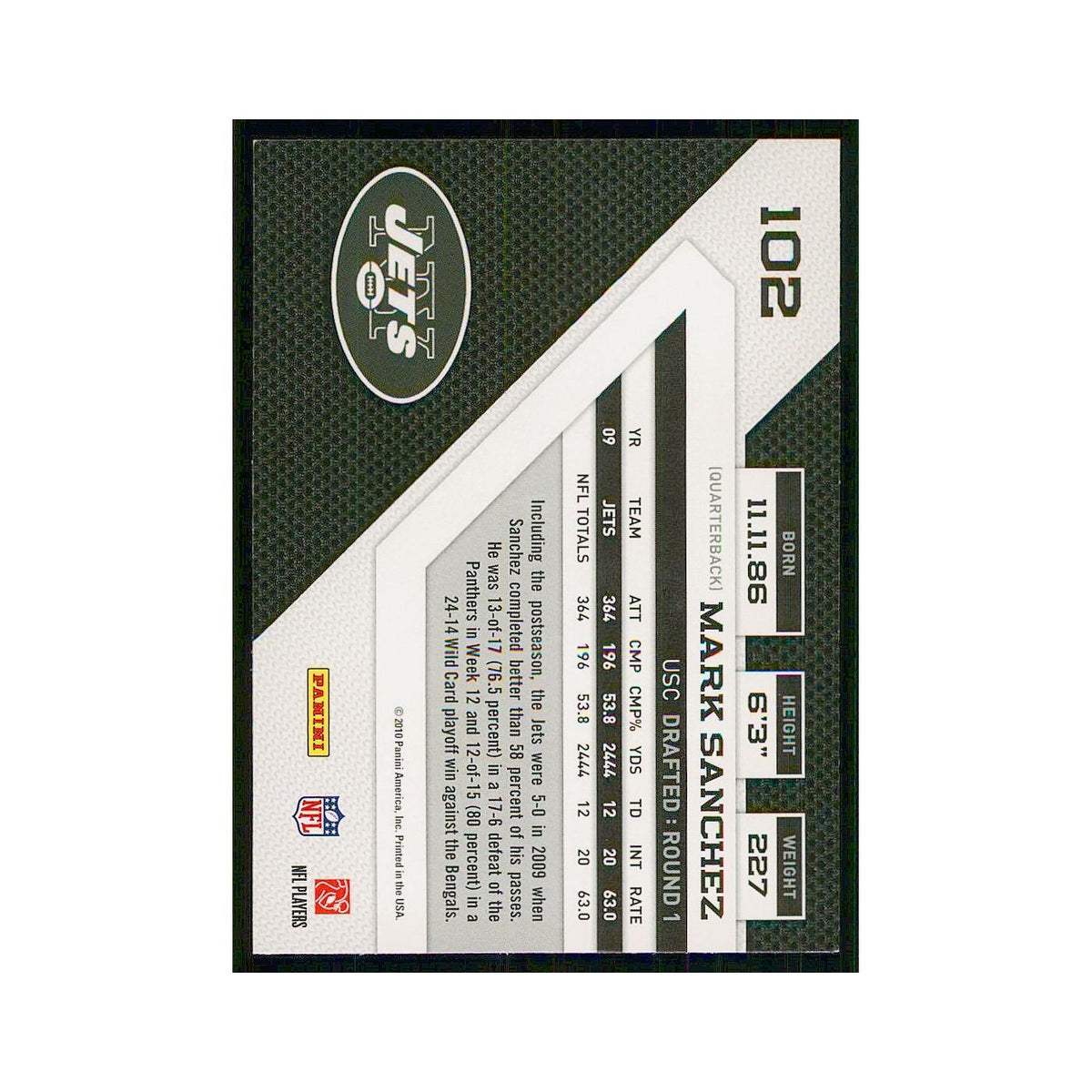 2010 Panini Threads Mark Sanchez Jets #102