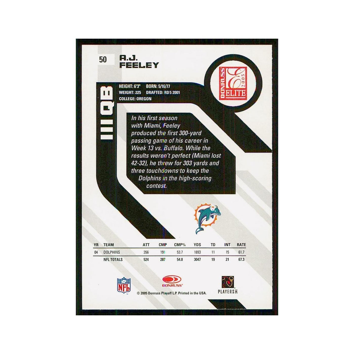 2005 Donruss Elite A.J. Feeley Dolphins #50