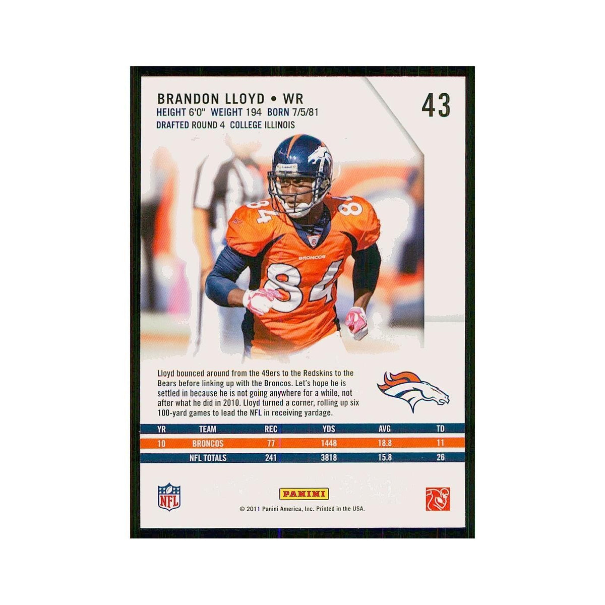 2011 Panini Rookies & Stars Brandon Lloyd Broncos #43