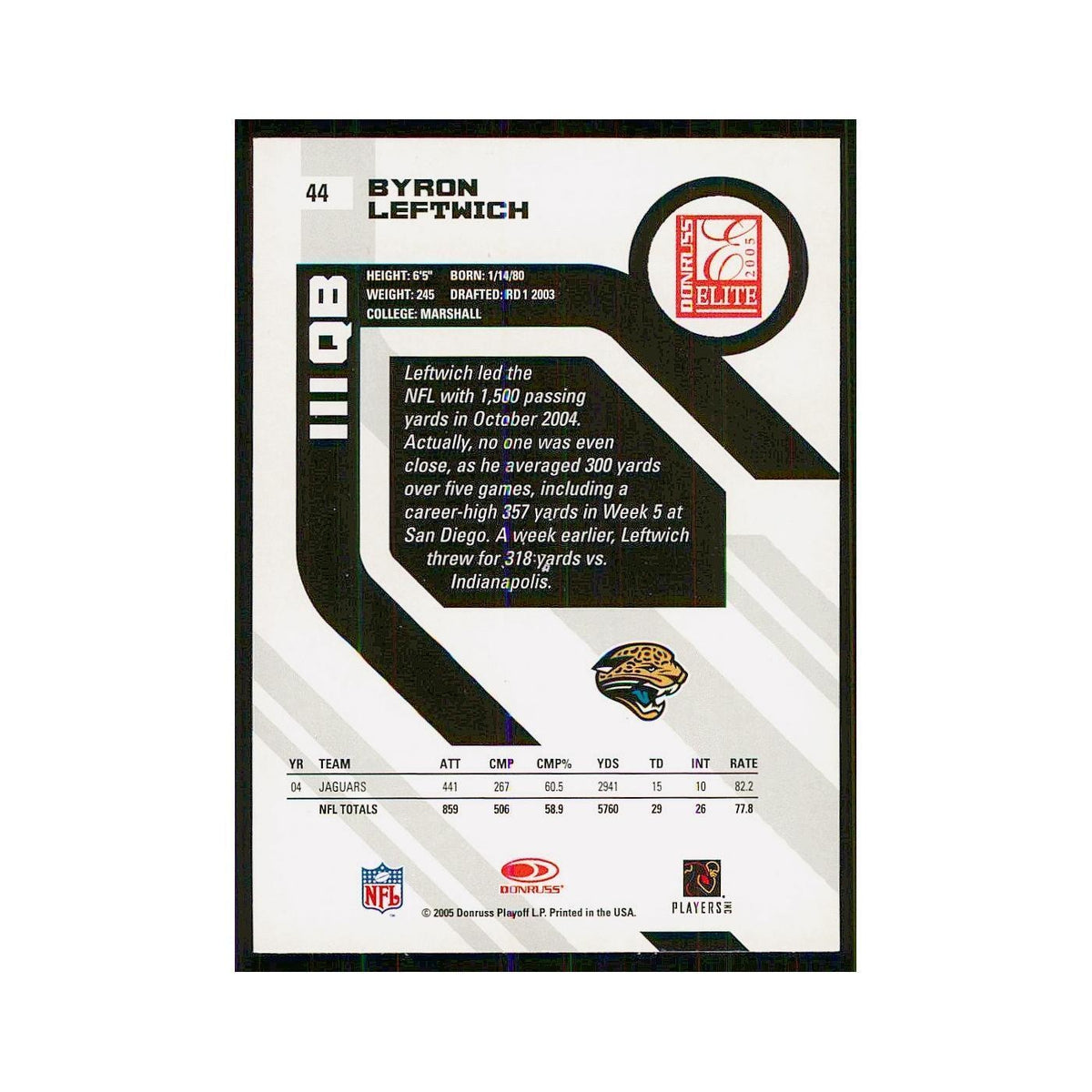 2005 Donruss Elite Byron Leftwich Jaguars #44