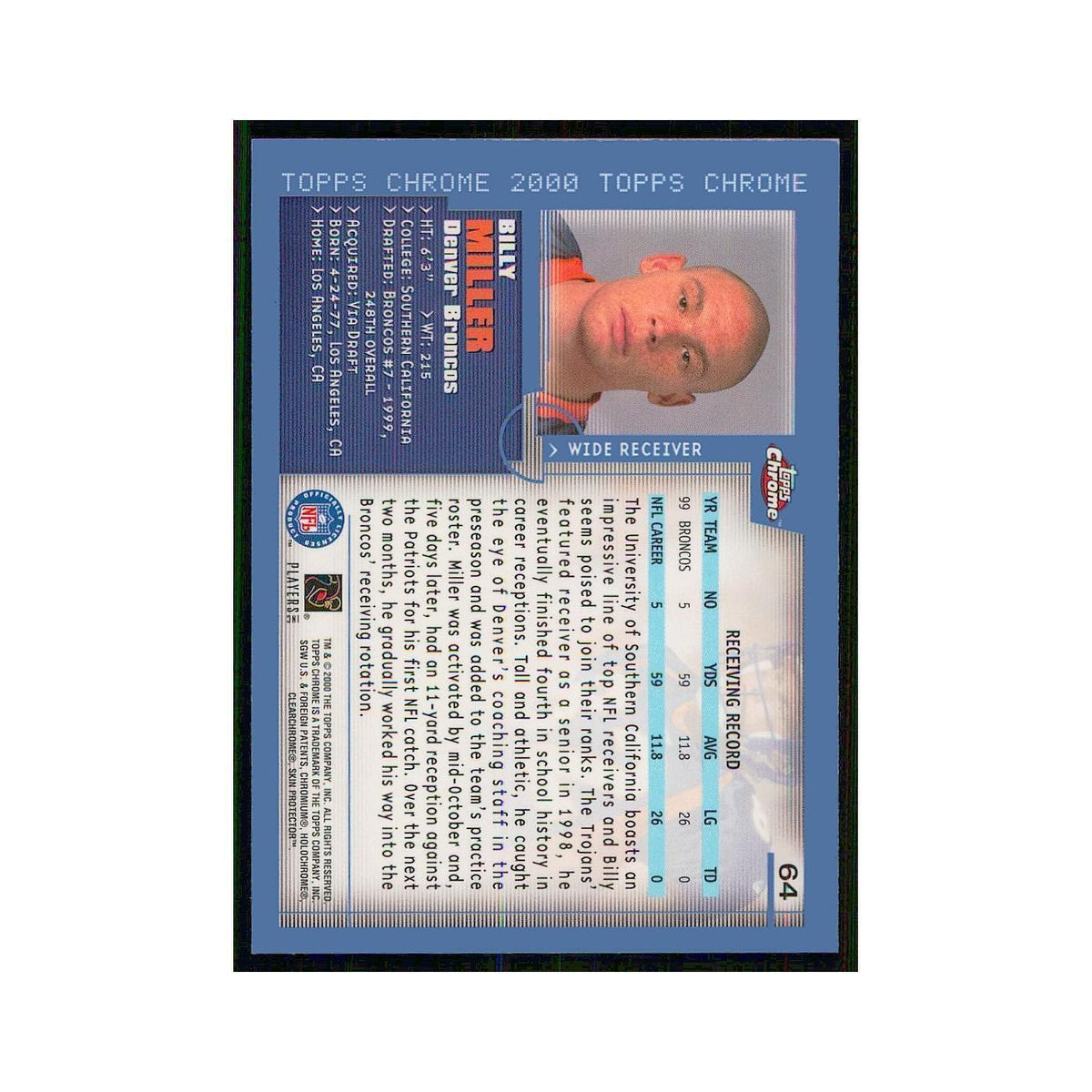 2000 Topps Chrome Billy Miller Broncos #64