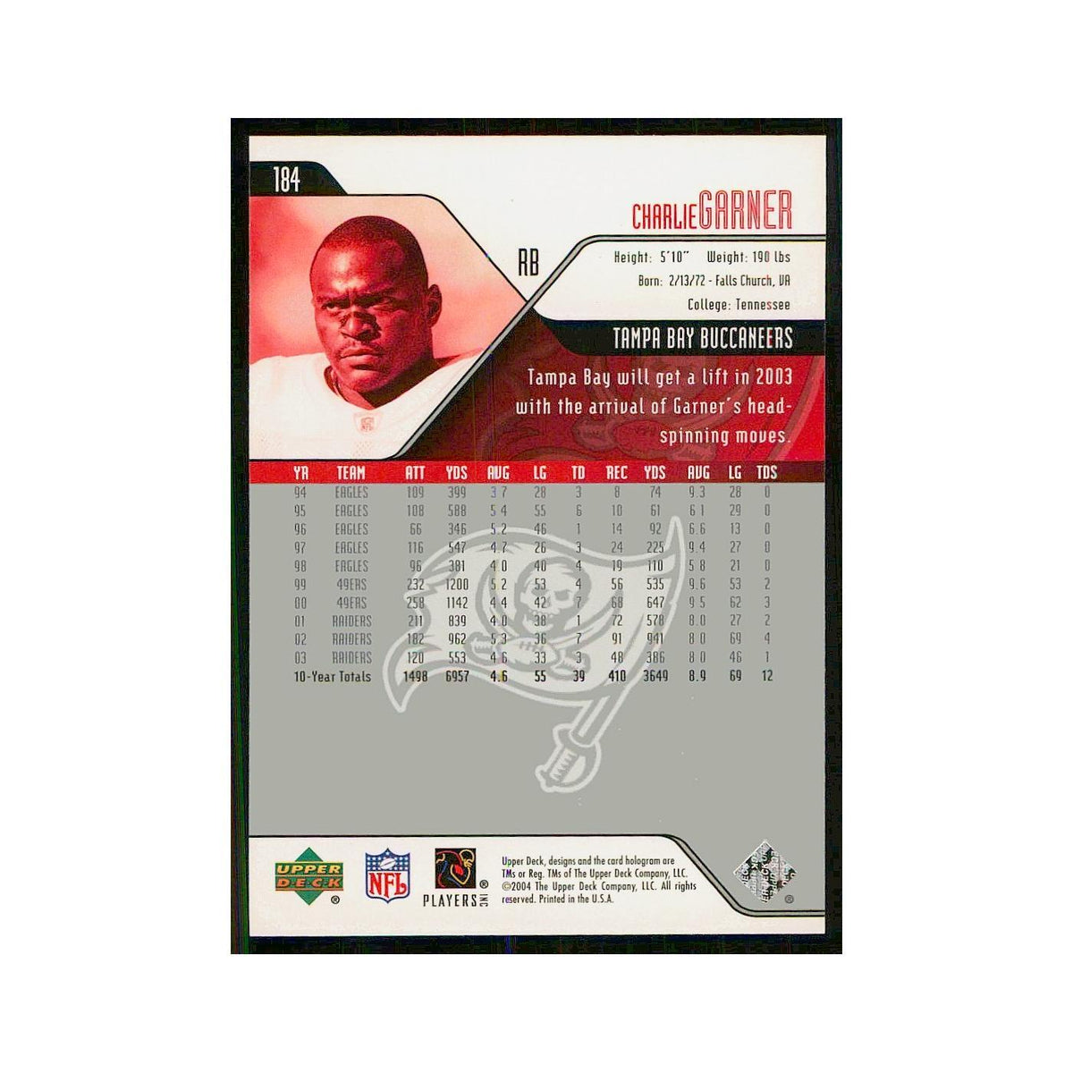 2004 Upper Deck Charlie Garner Buccaneers #184