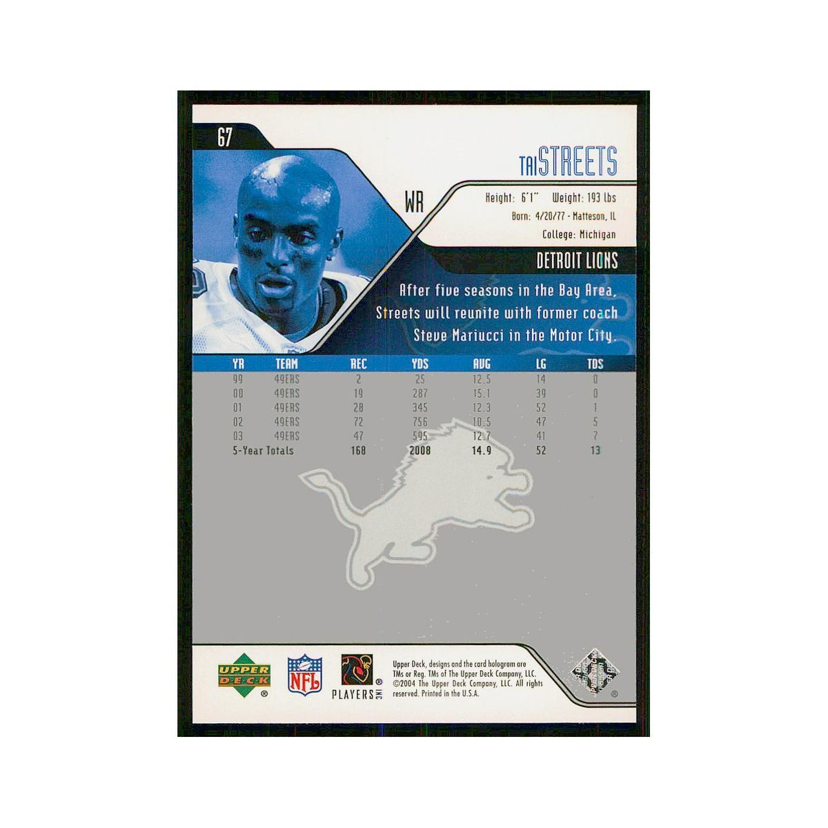 2004 Upper Deck Tai Streets Lions #67