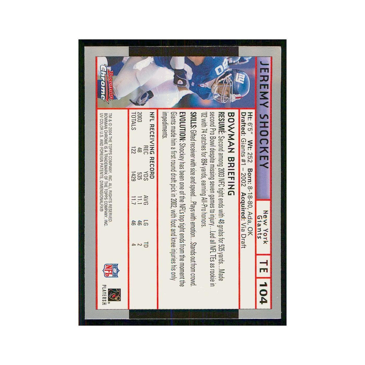 2004 Bowman Chrome Jeremy Shockey Giants #104