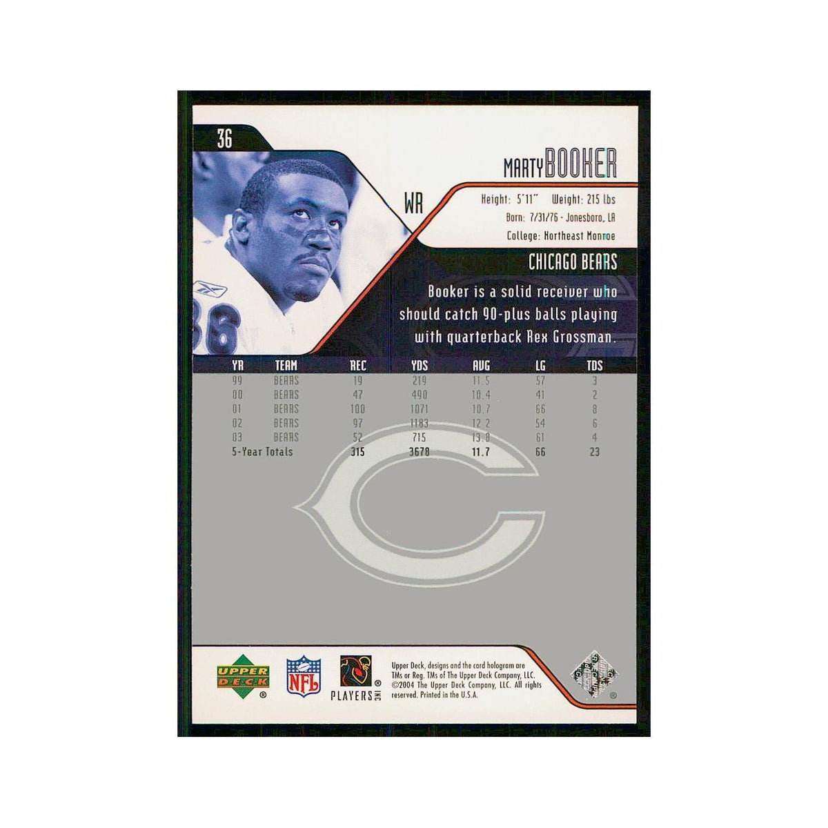2004 Upper Deck Marty Booker Bears #36