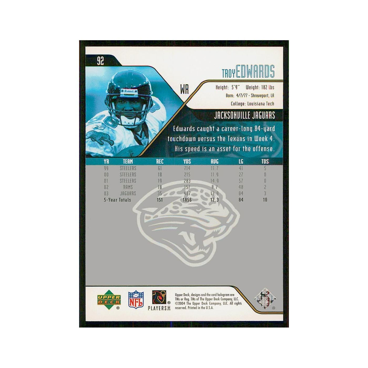 2004 Upper Deck Troy Edwards Jaguars #92