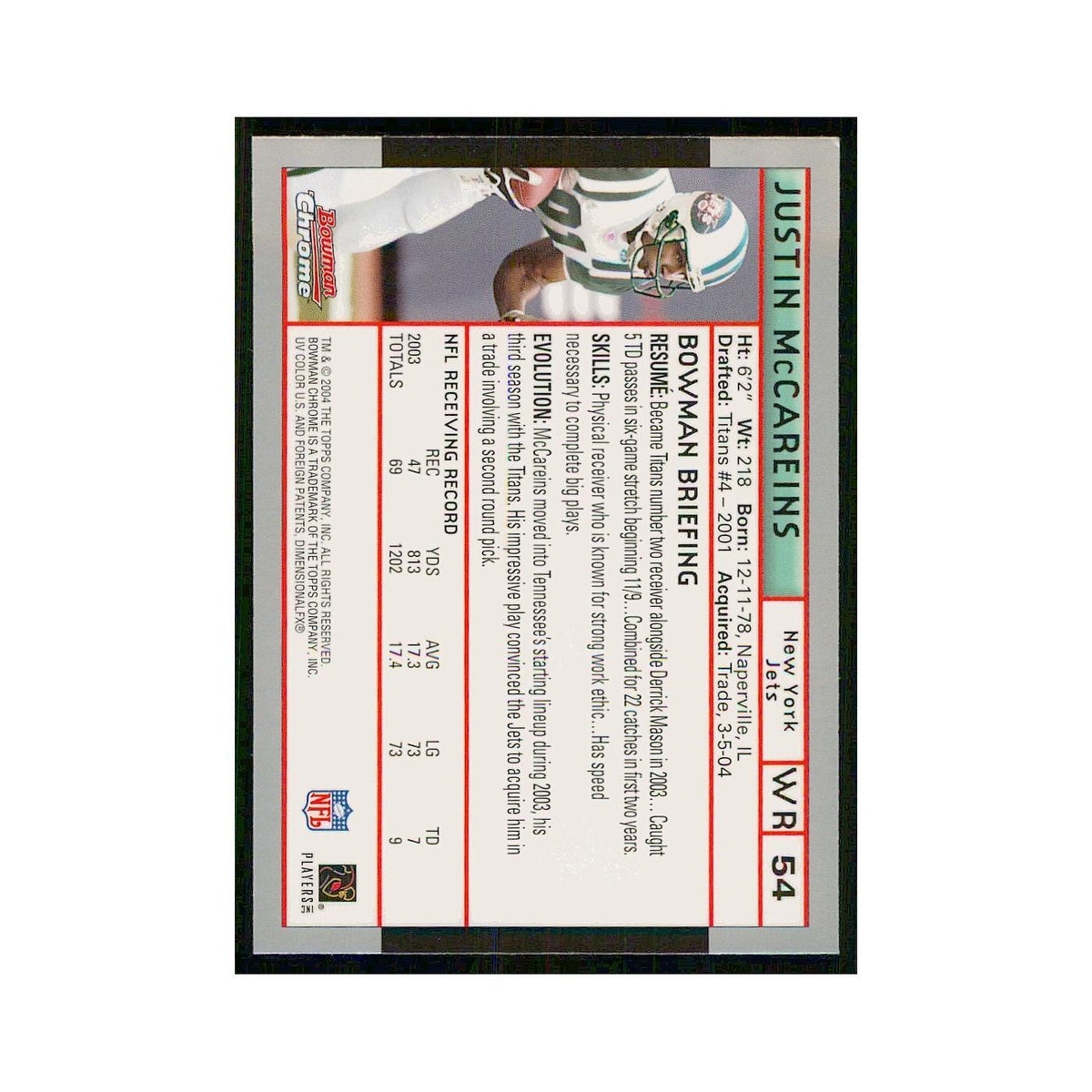 2004 Bowman Chrome Justin McCareins Jets #54