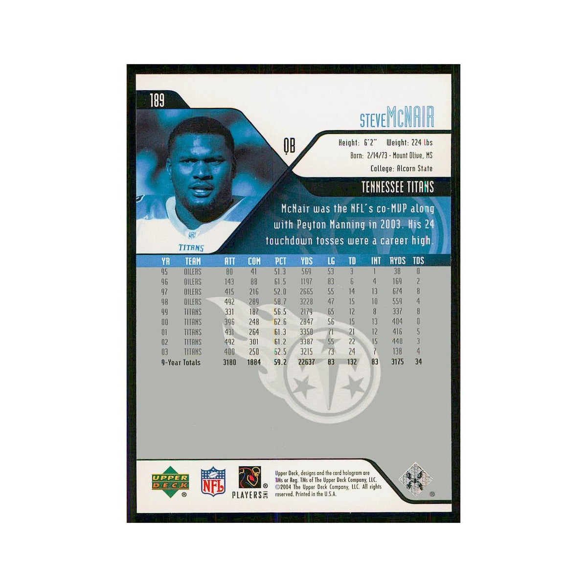 2004 Upper Deck Steve McNair Titans #189