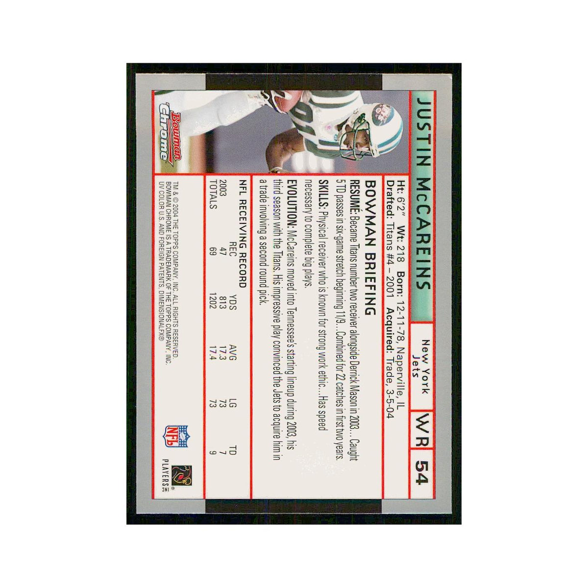 2004 Bowman Chrome Justin McCareins Jets #54