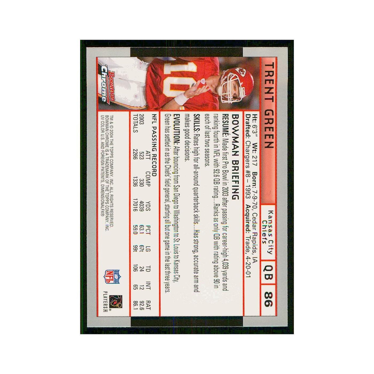 2004 Bowman Chrome Trent Green Chiefs #86