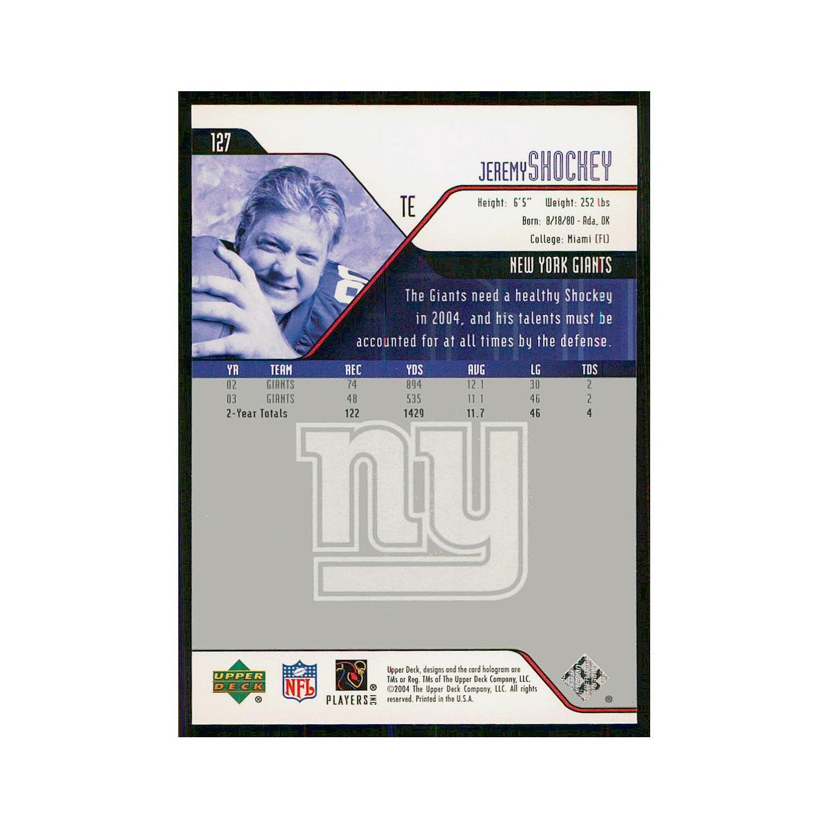 2004 Upper Deck Jeremy Shockey Giants #127