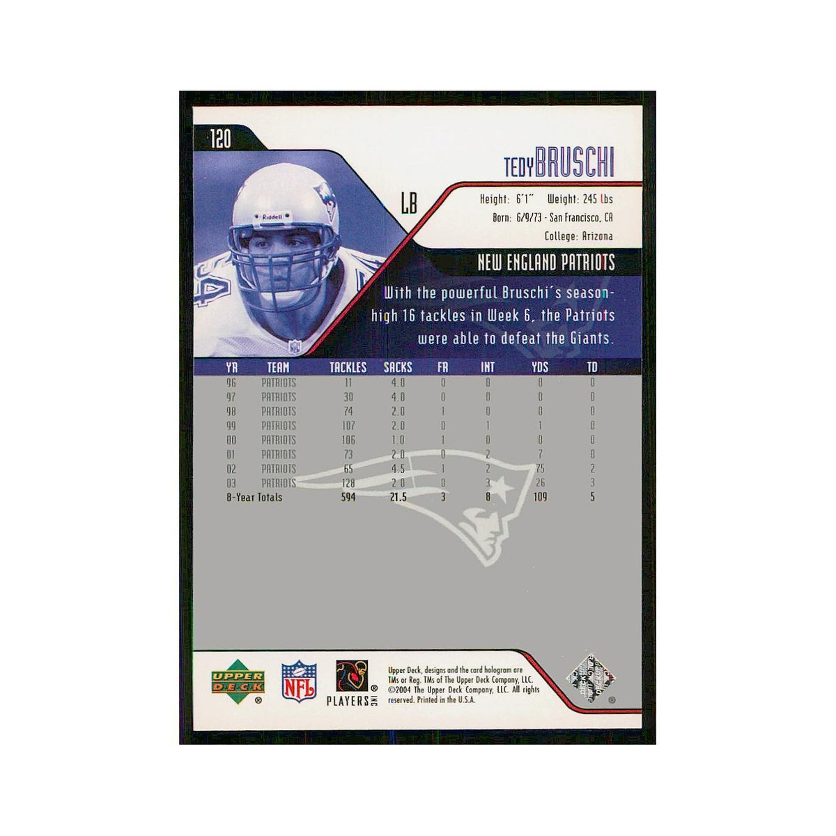 2004 Upper Deck Tedy Bruschi Patriots #120