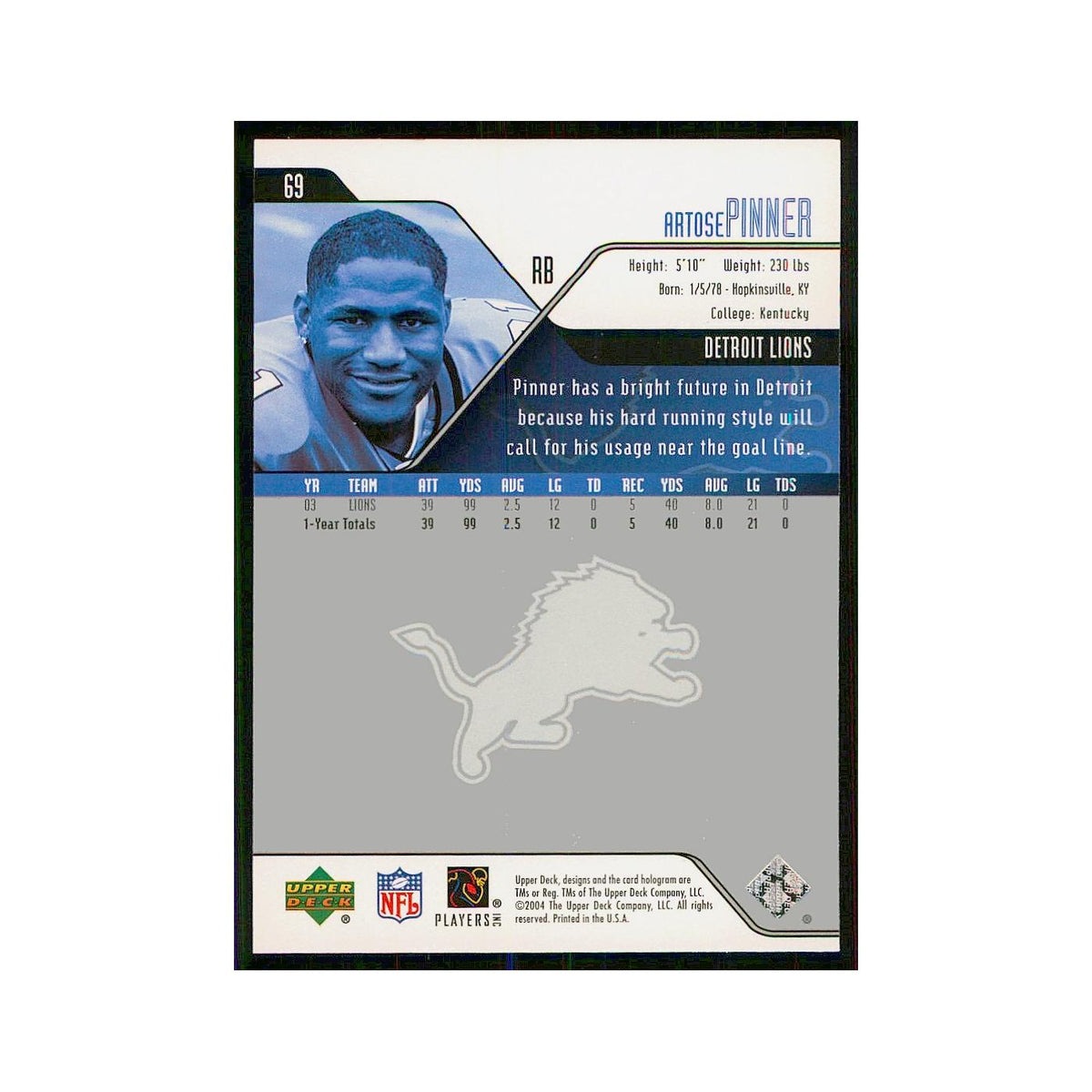 2004 Upper Deck Artose Pinner Lions #69