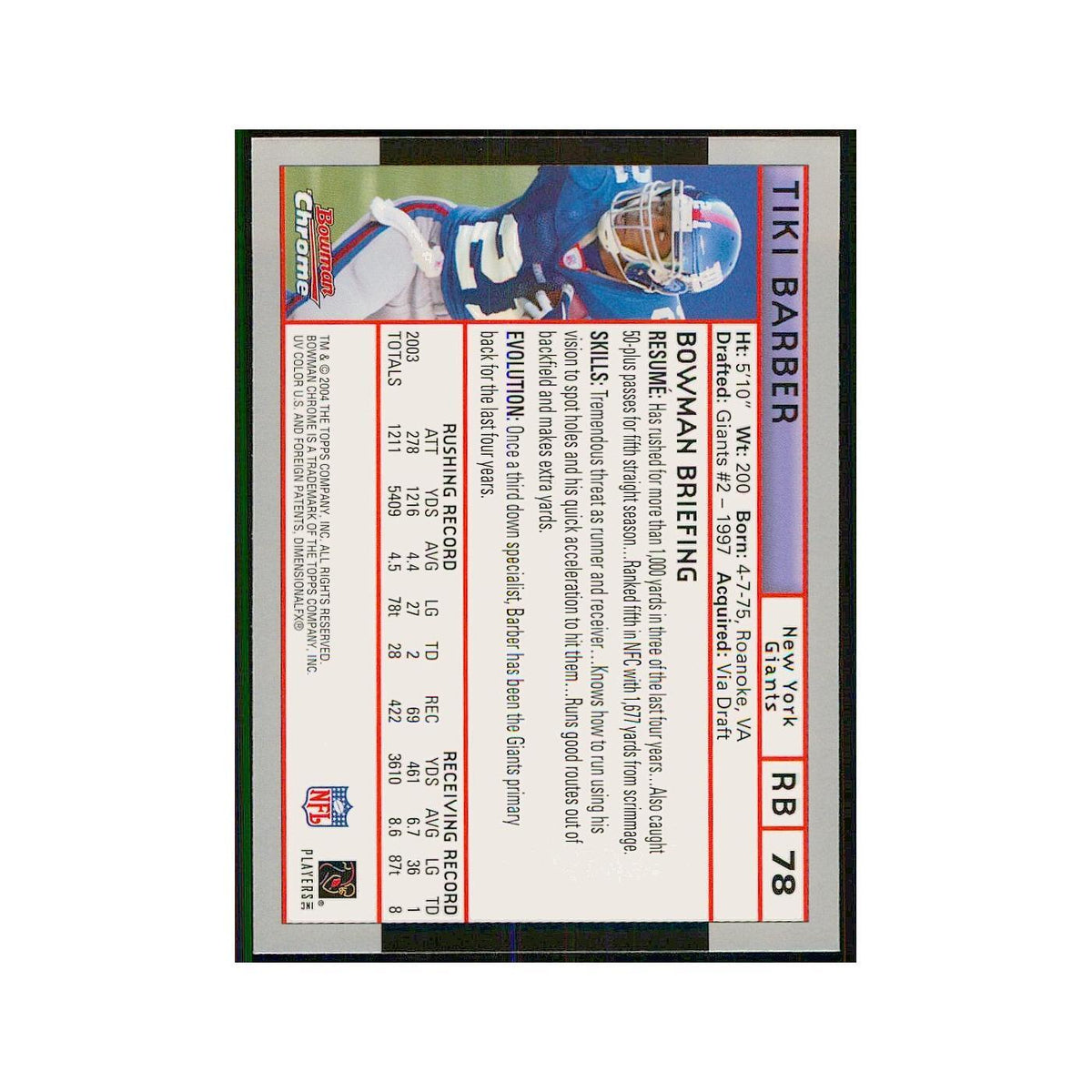 2004 Bowman Chrome Tiki Barber Giants #78