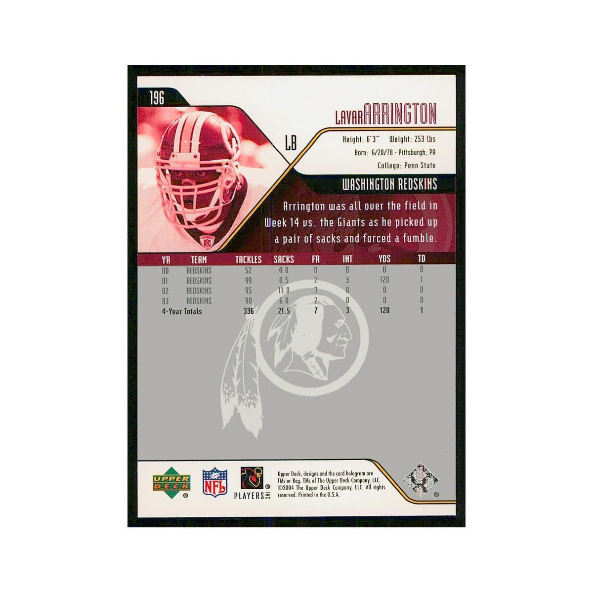 2004 Upper Deck LaVar Arrington Redskins #196