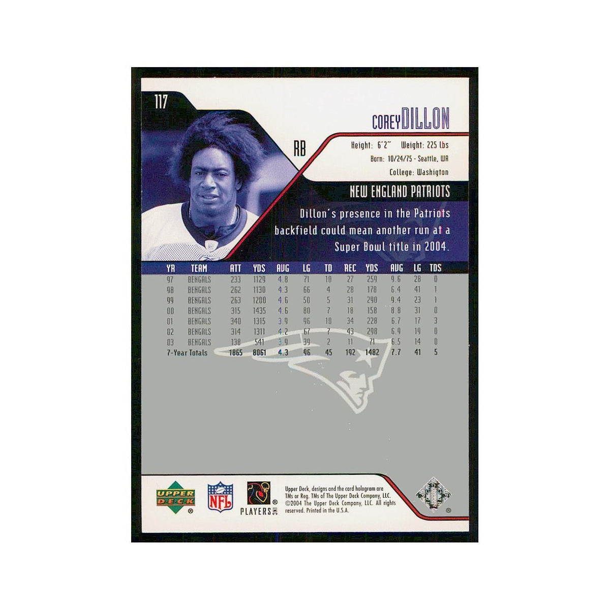 2004 Upper Deck Corey Dillon Patriots #117