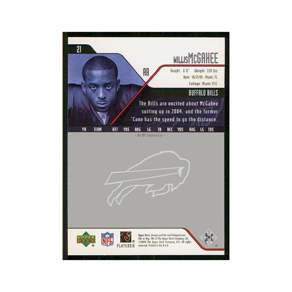 2004 Upper Deck Willis McGahee Bills #21