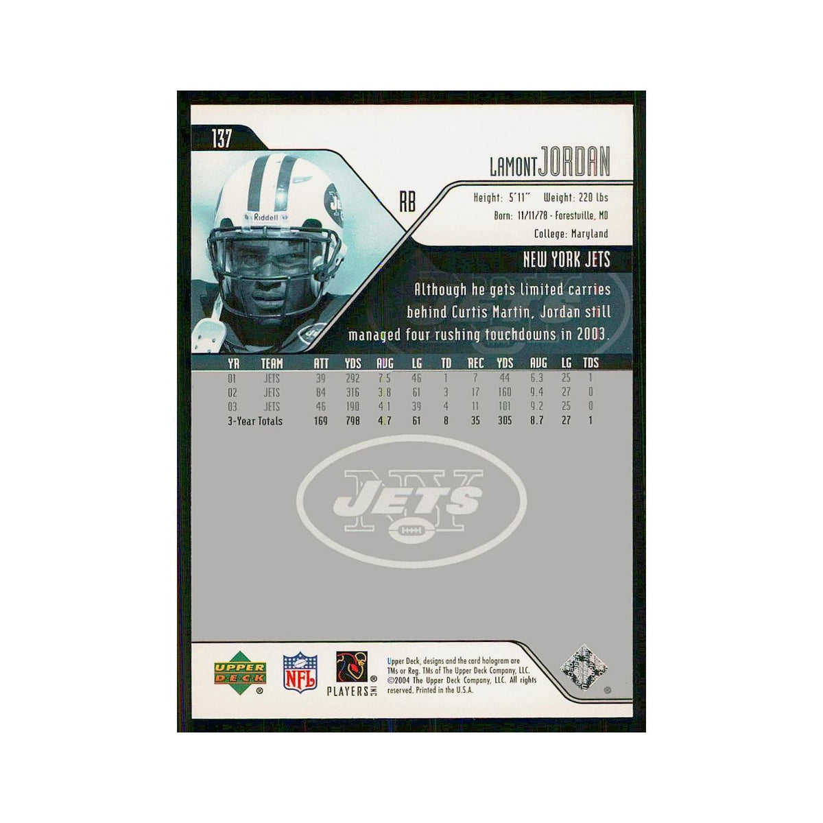 2004 Upper Deck LaMont Jordan Jets #137
