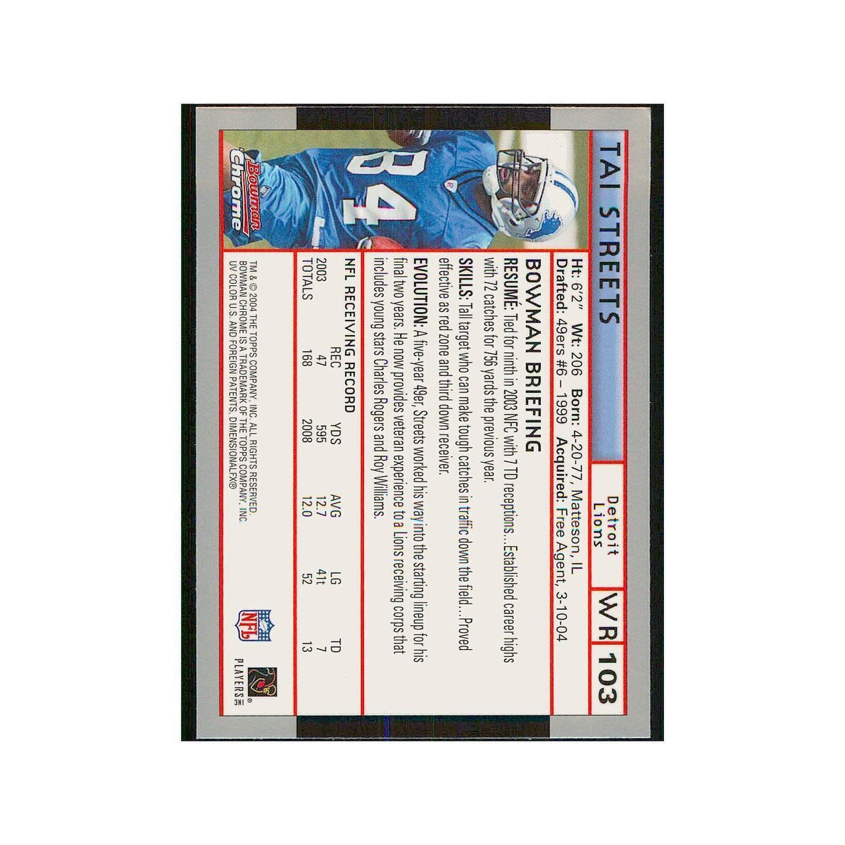 2004 Bowman Chrome Tai Streets Lions #103