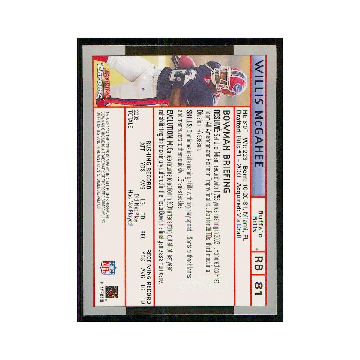 2004 Bowman Chrome Willis McGahee Bills #81