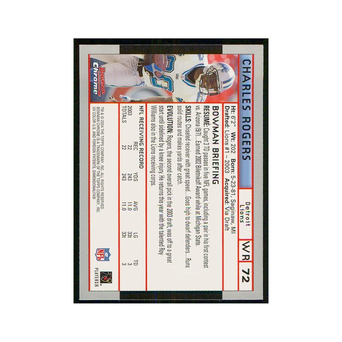 2004 Bowman Chrome Charles Rogers Lions #72