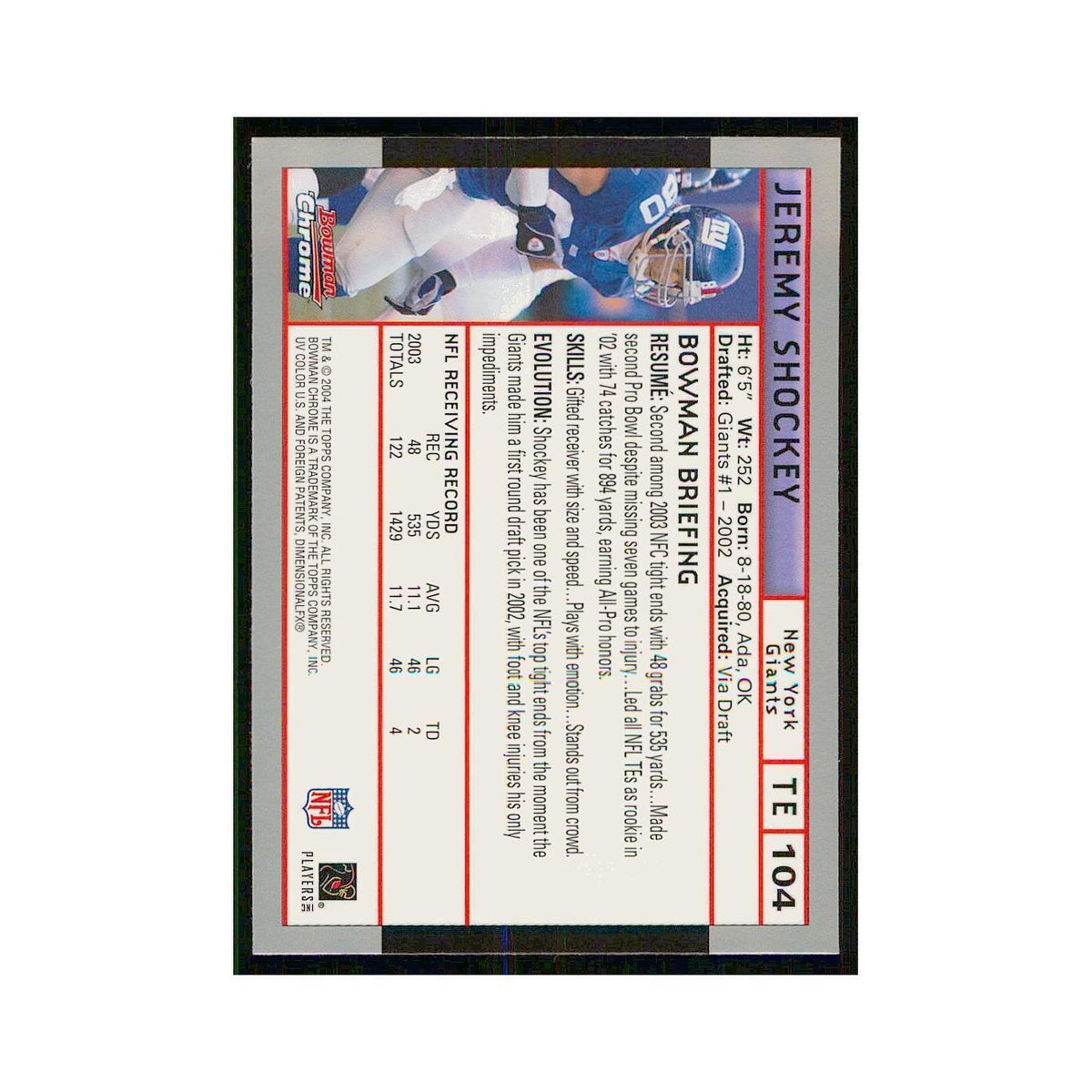 2004 Bowman Chrome Jeremy Shockey Giants #104