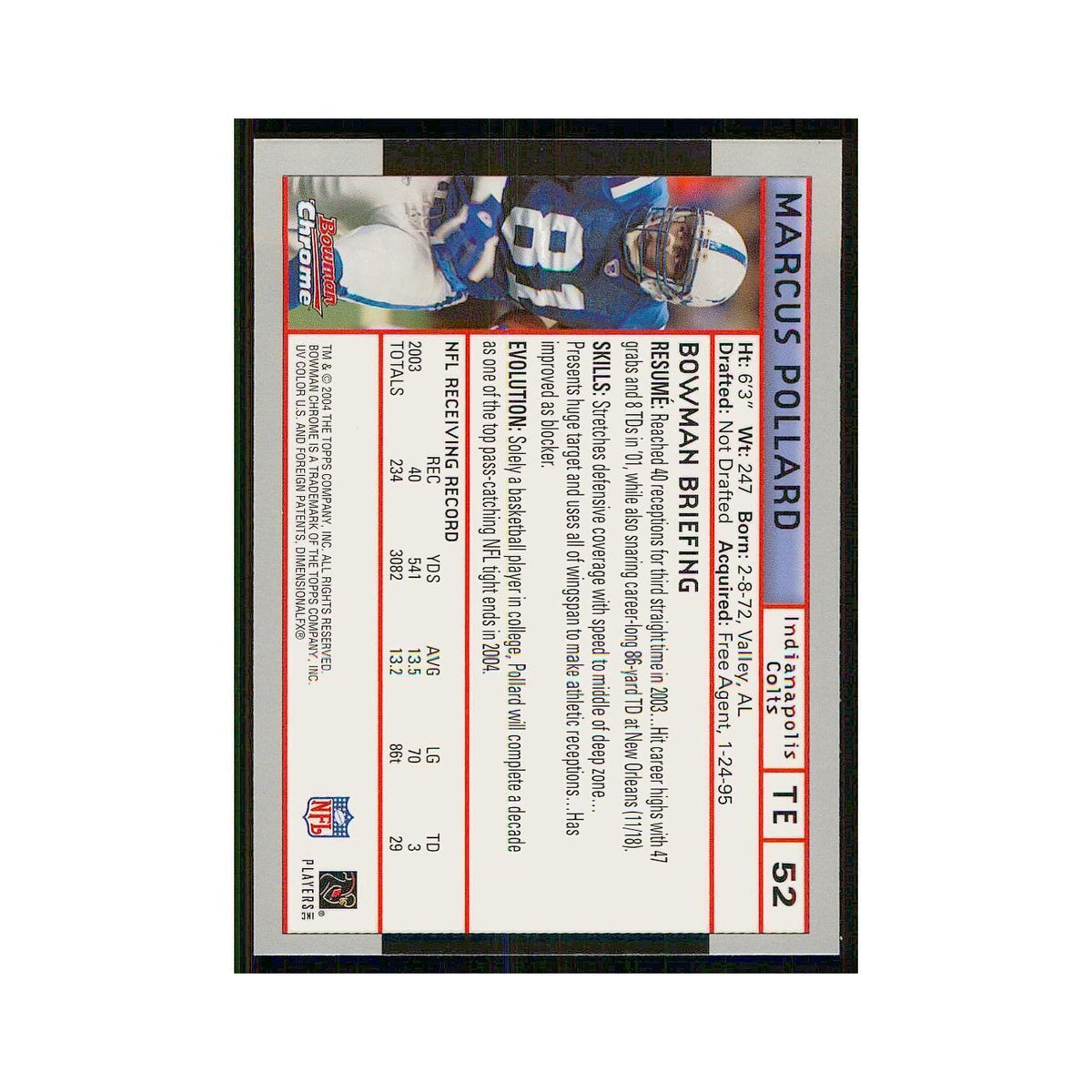 2004 Bowman Chrome Marcus Pollard Colts #52