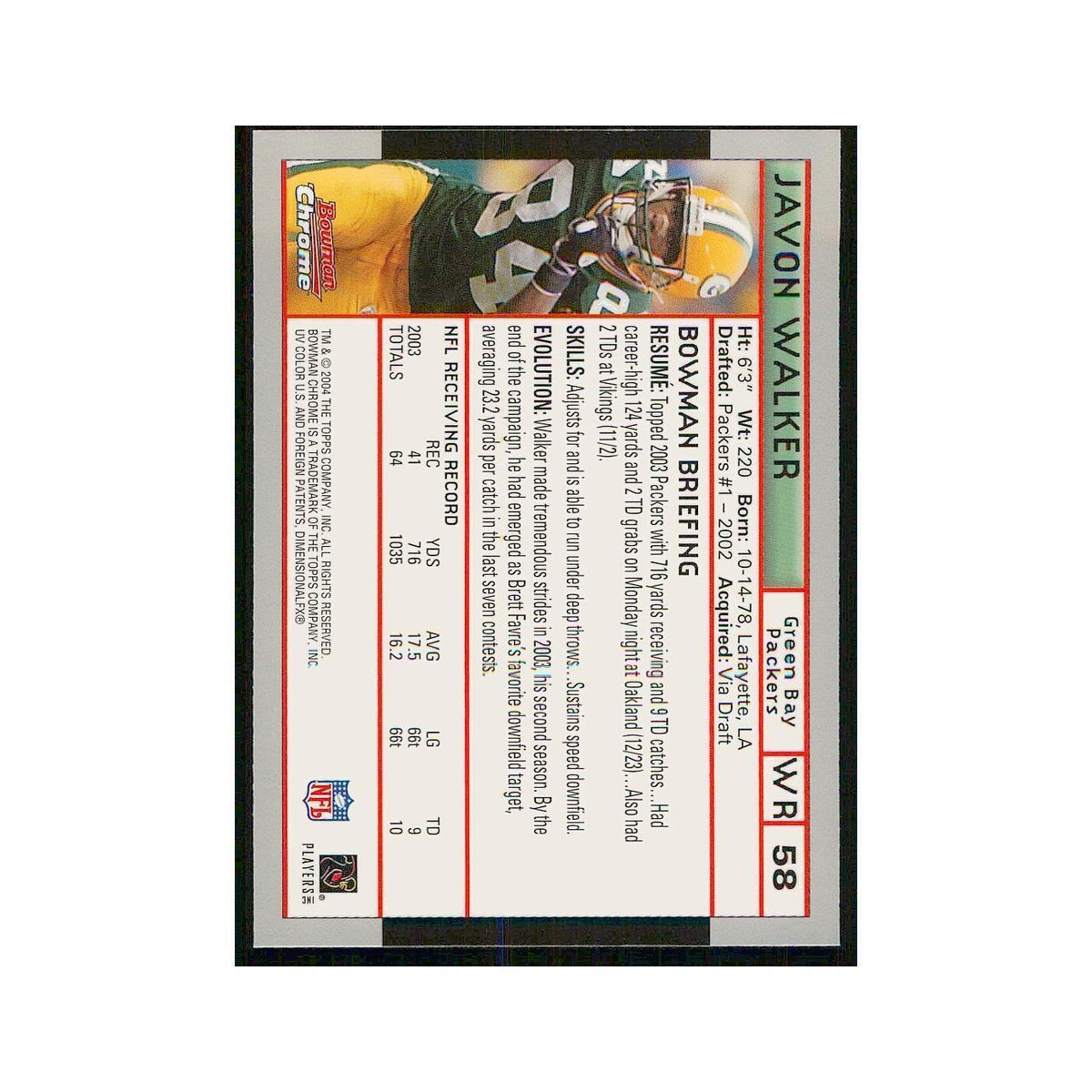 2004 Bowman Chrome Javon Walker Packers #58