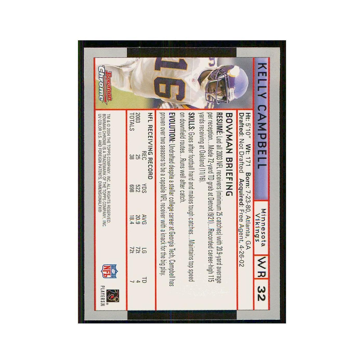 2004 Bowman Chrome Kelly Campbell Vikings #32
