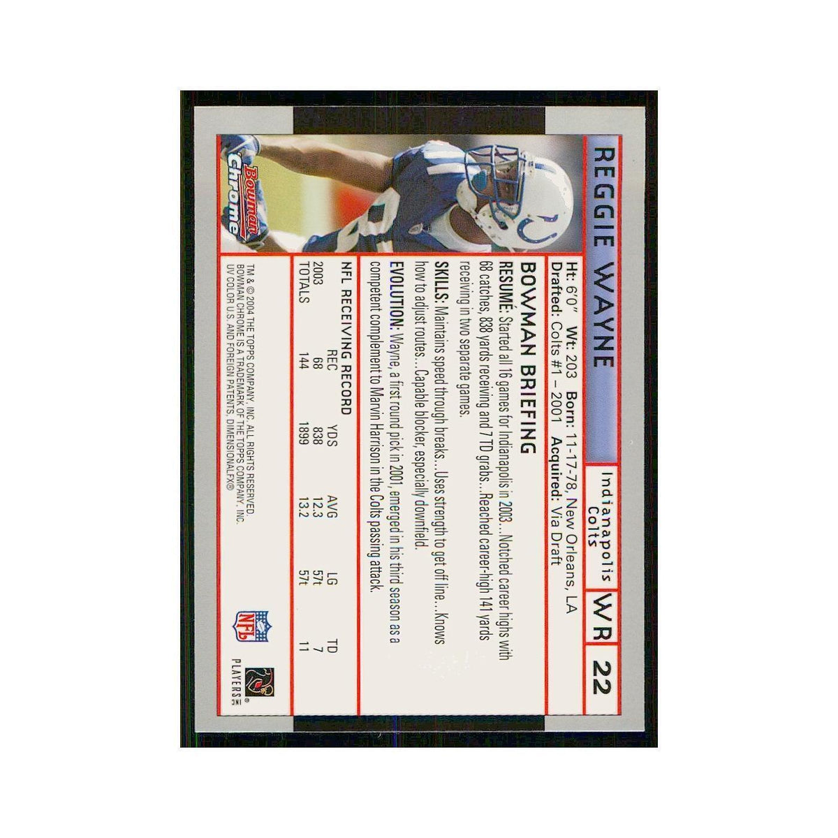 2004 Bowman Chrome Reggie Wayne Colts #22