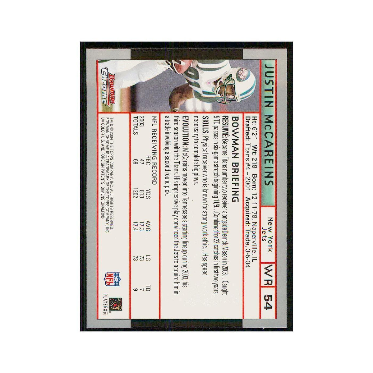2004 Bowman Chrome Justin McCareins Jets #54