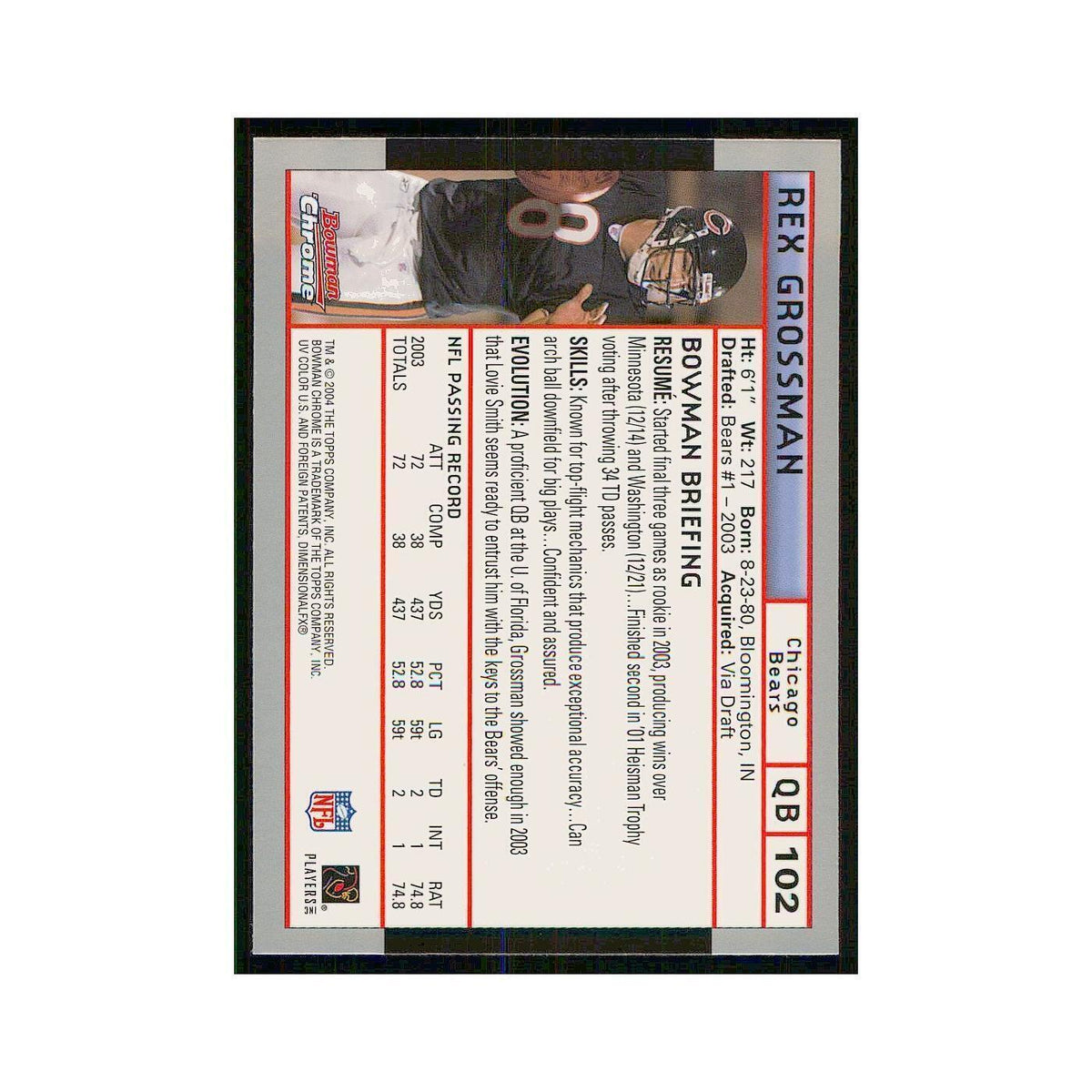 2004 Bowman Chrome Rex Grossman Bears #102