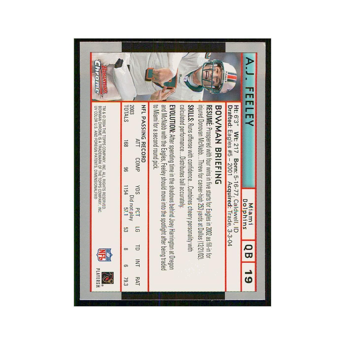 2004 Bowman Chrome A.J. Feeley Dolphins #19