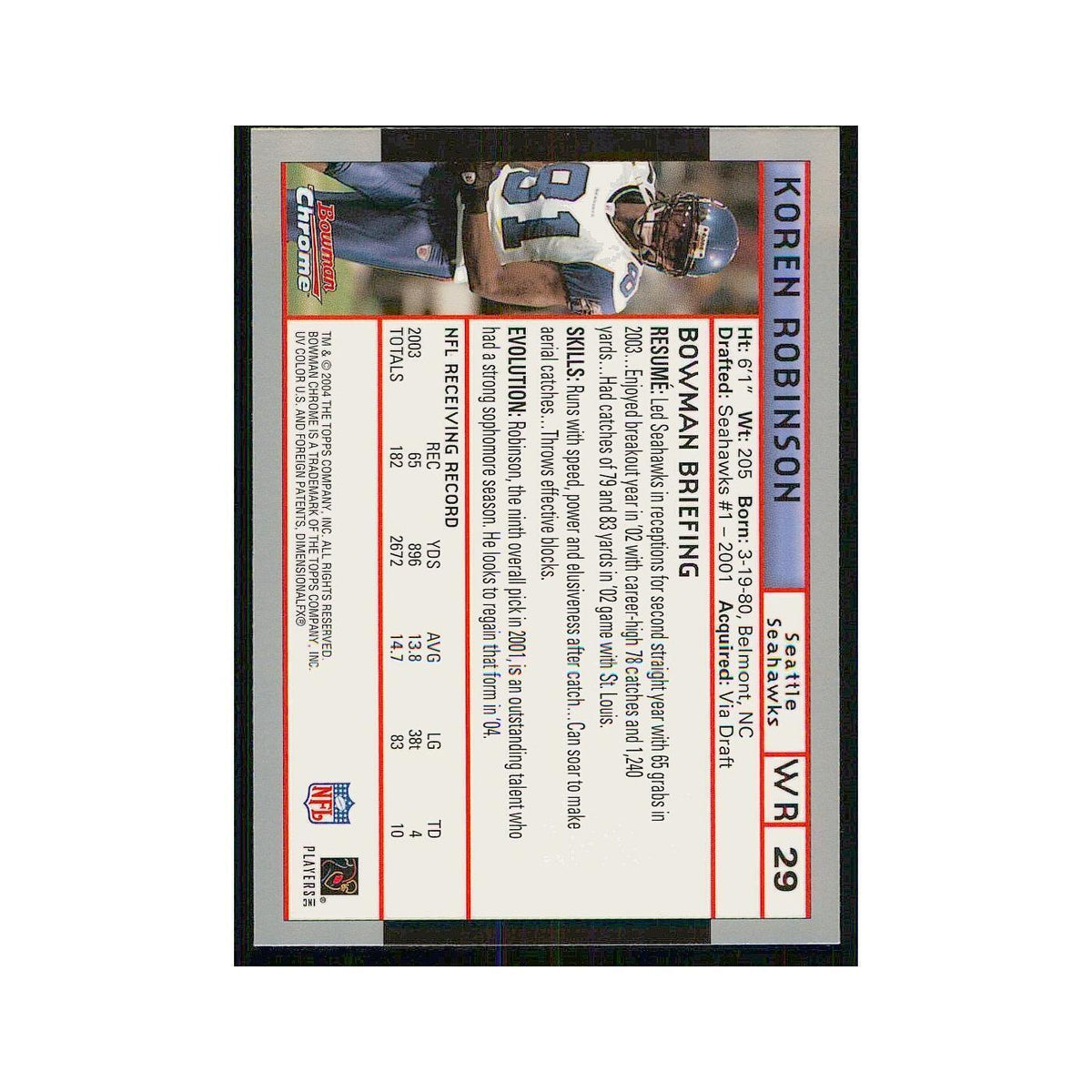 2004 Bowman Chrome Koren Robinson Seahawks #29