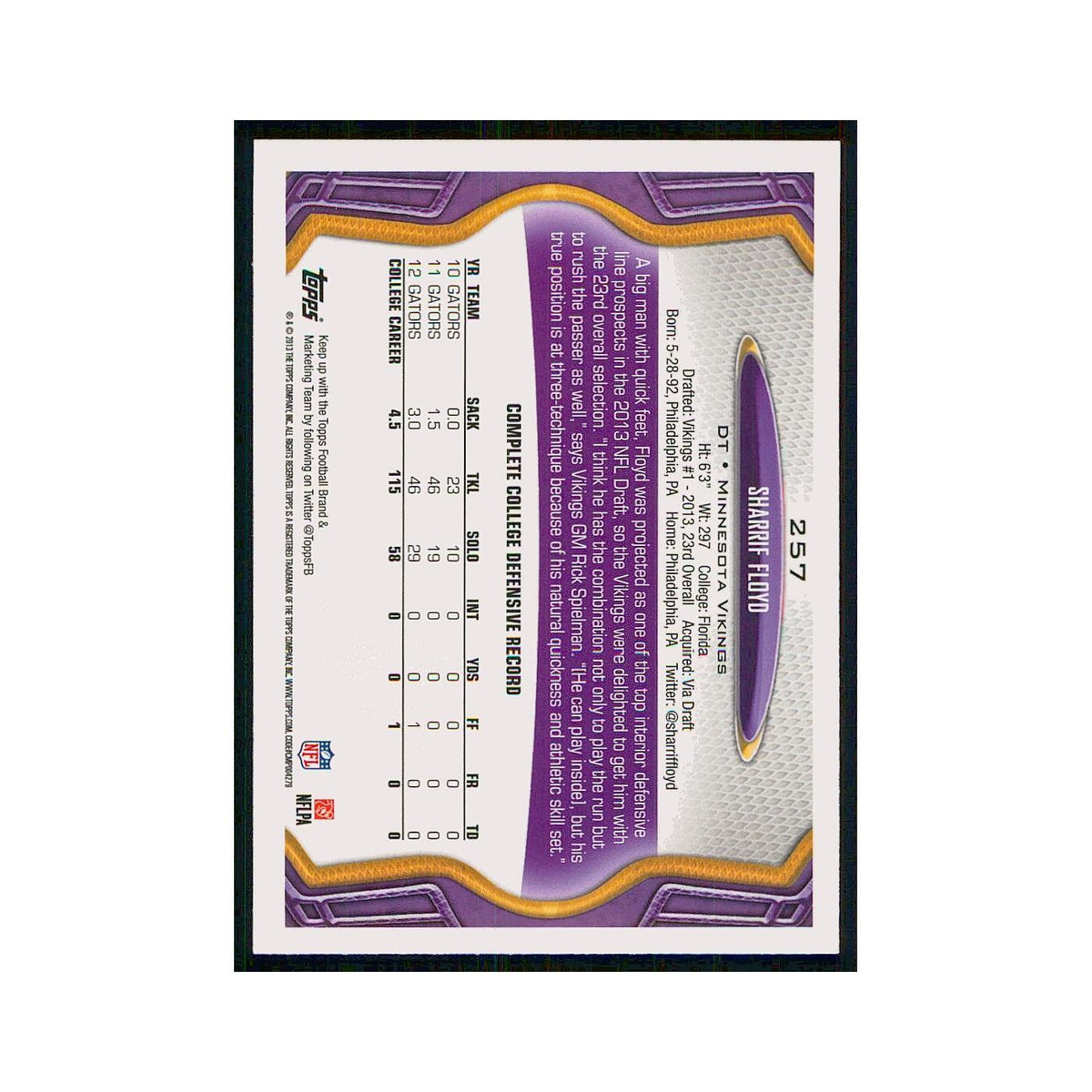 2013 Topps Sharrif Floyd RC Vikings #257