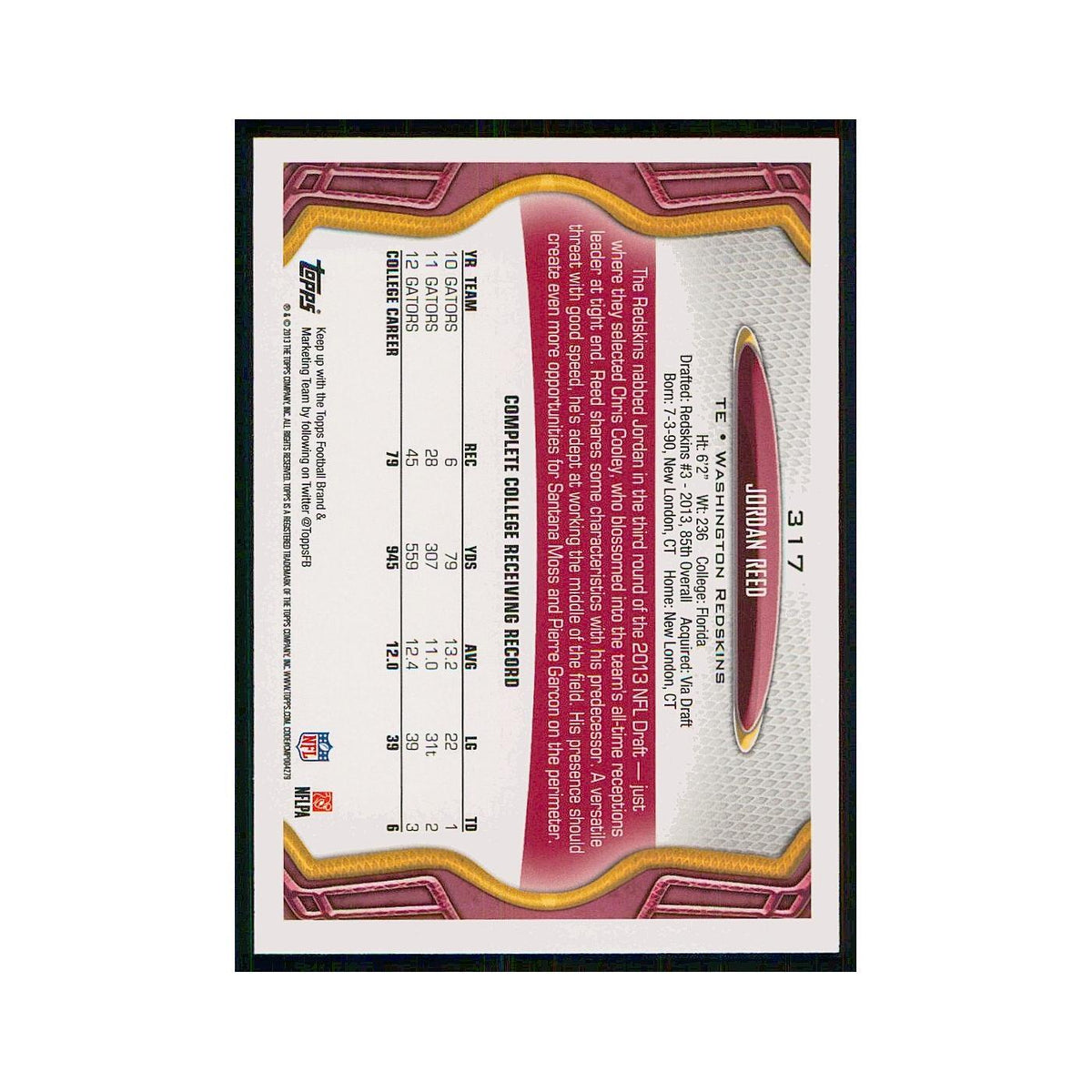 2013 Topps Jordan Reed RC Redskins #317