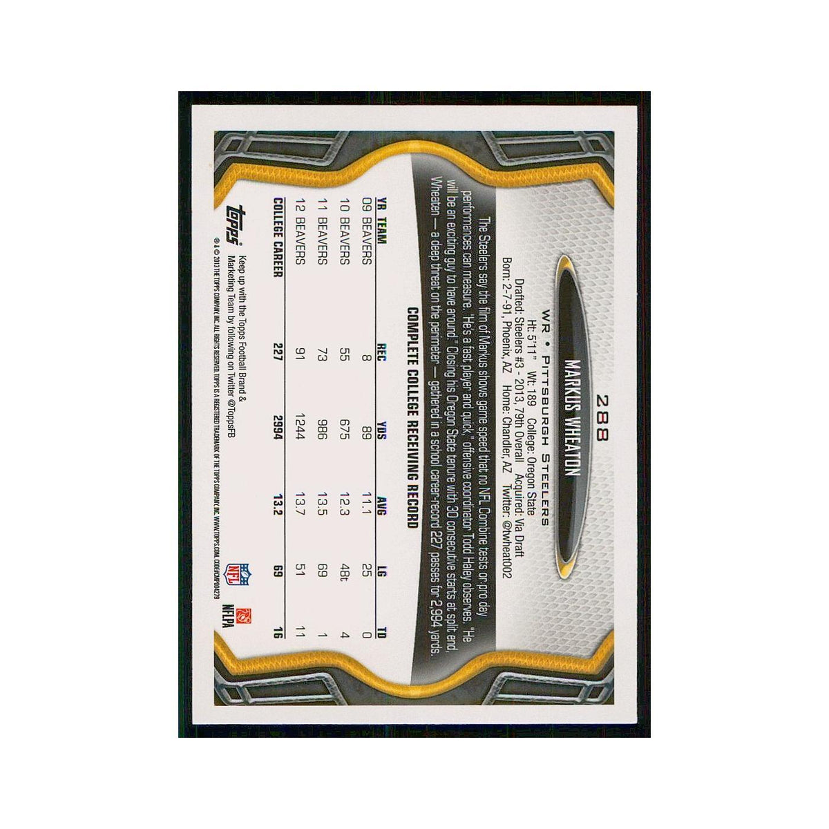 2013 Topps Markus Wheaton RC Steelers #288