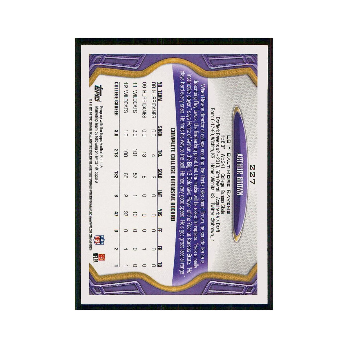 2013 Topps Arthur Brown RC Ravens #227