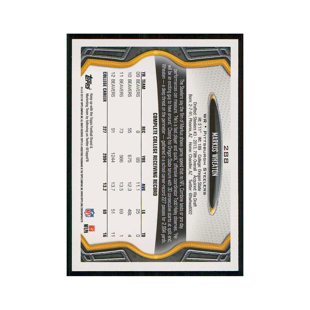 2013 Topps Markus Wheaton RC Steelers #288