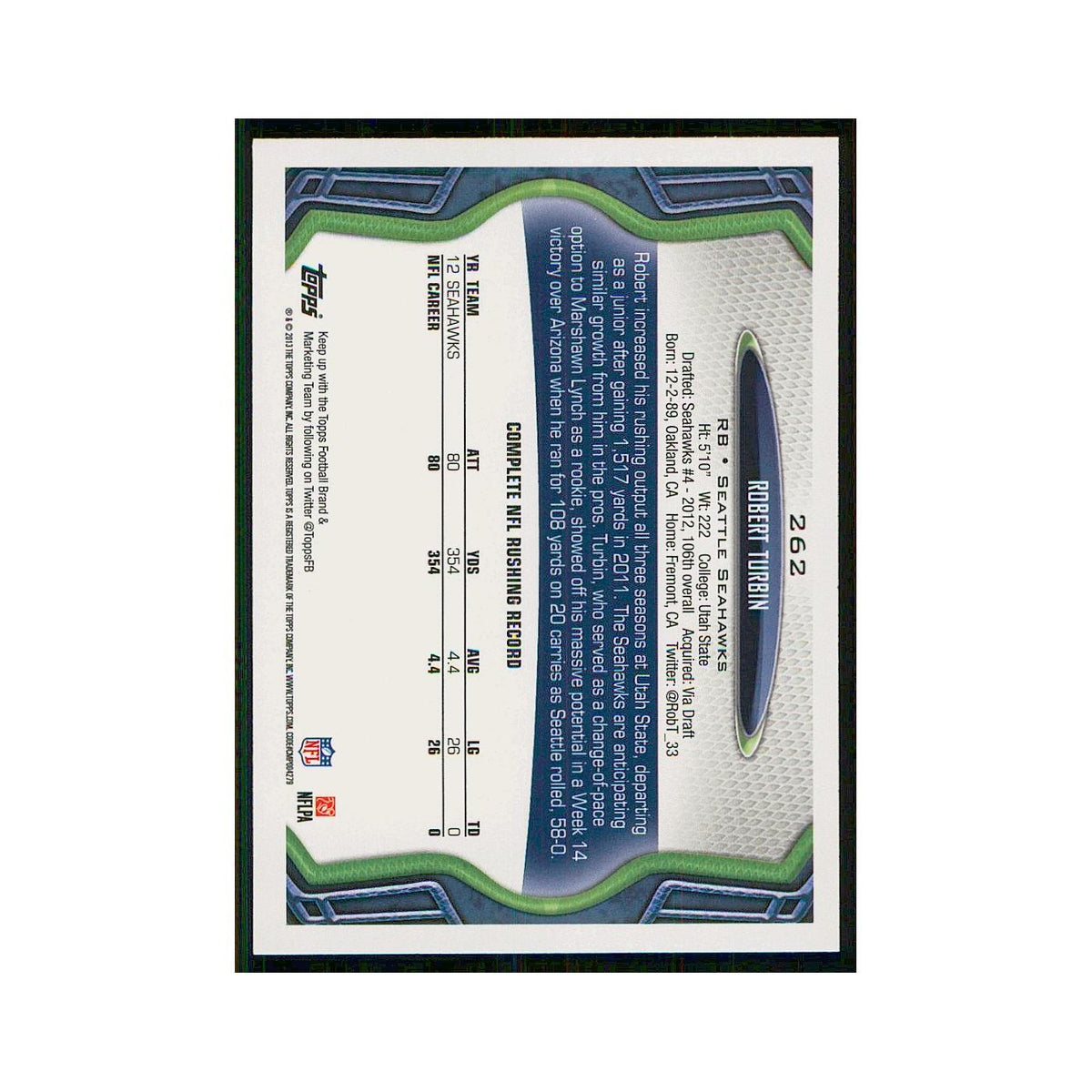 2013 Topps Robert Turbin Seahawks #262