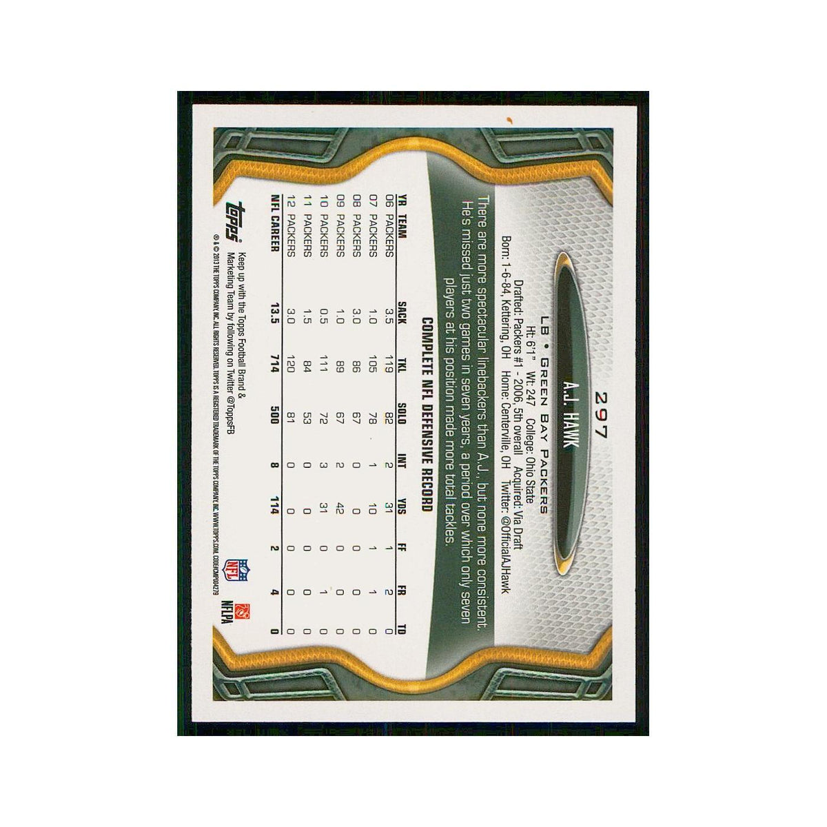 2013 Topps A.J. Hawk Packers #297