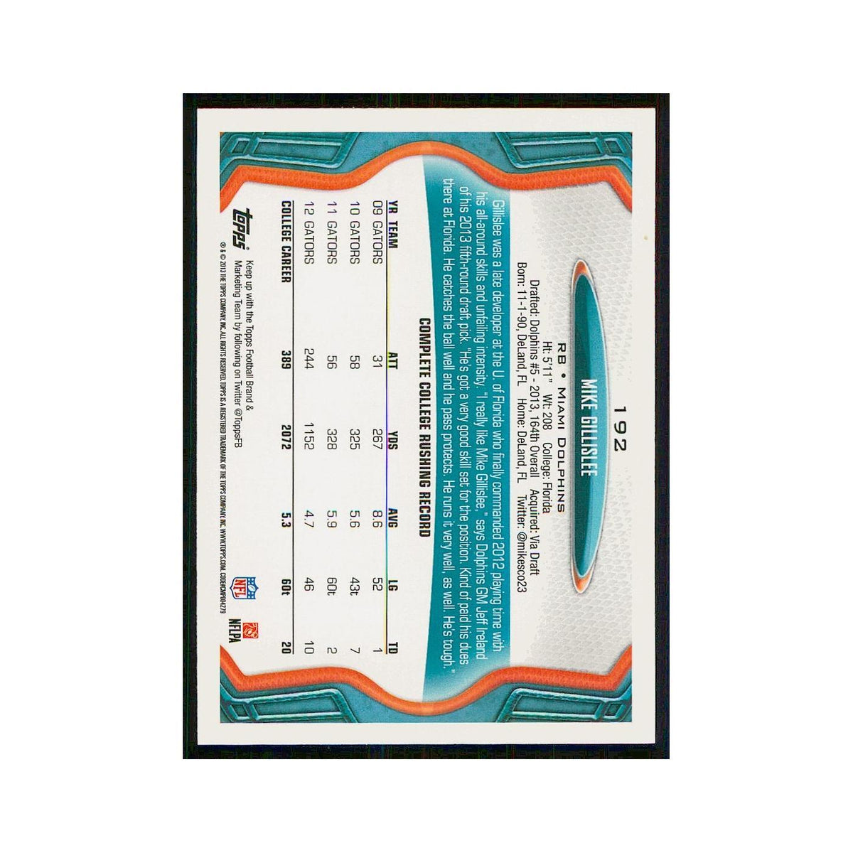 2013 Topps Mike Gillislee RC Dolphins #192